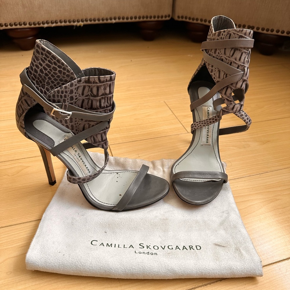 Camilla Skovgaard Grey Croc embossed heeled sandal